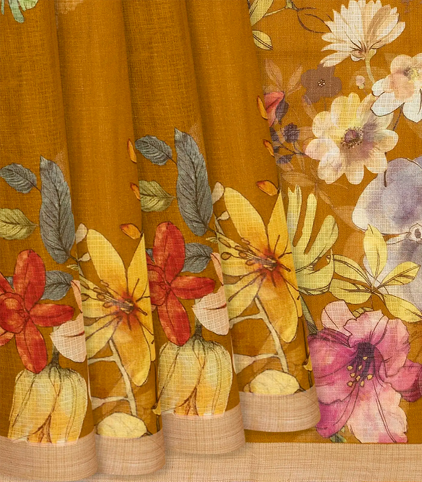 Oil Mustard Woven Kota Silk Saree With Printed Floral Motifs-OIL MUSTARD