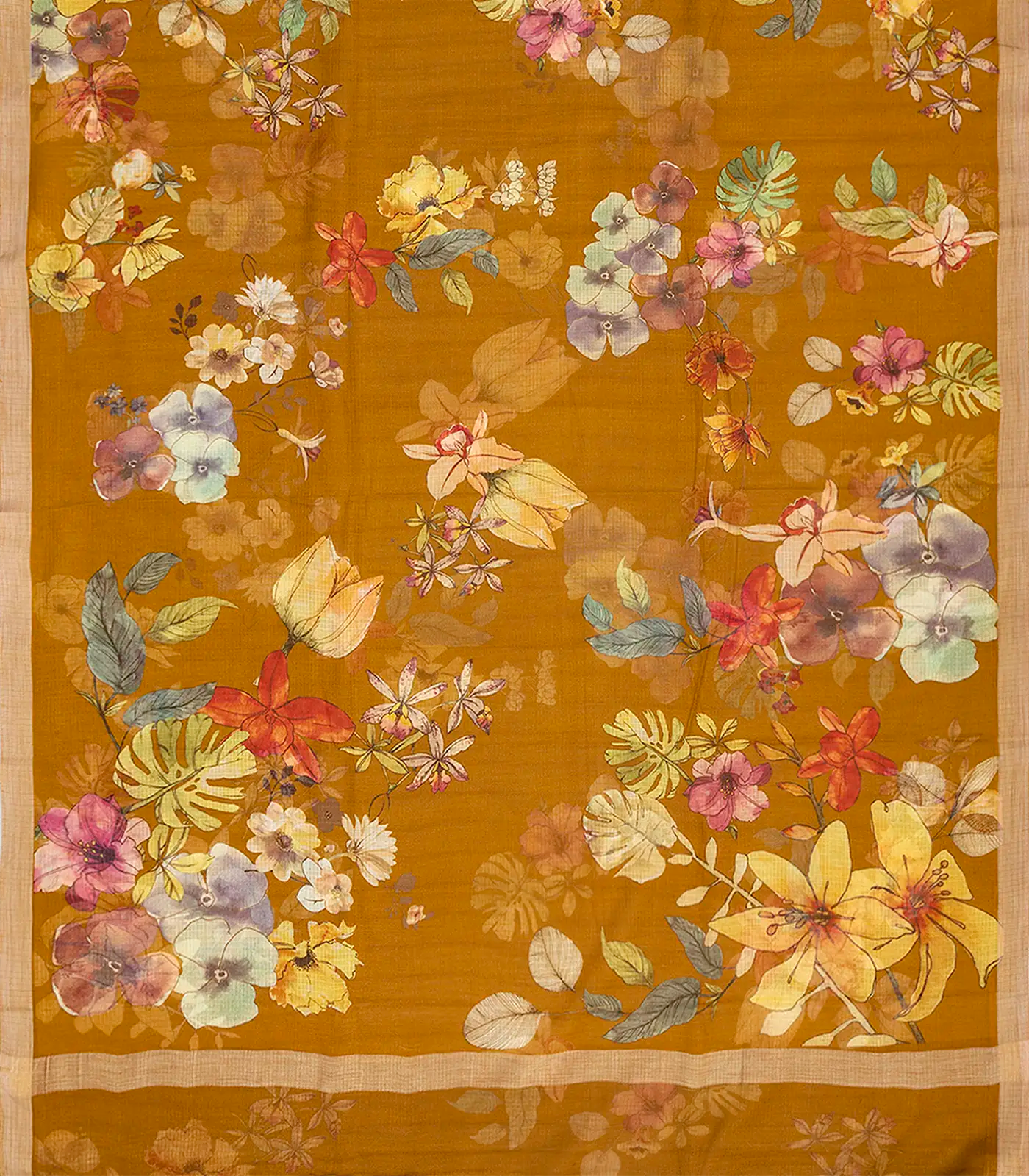 Oil Mustard Woven Kota Silk Saree With Printed Floral Motifs-OIL MUSTARD