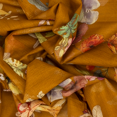 Oil Mustard Woven Kota Silk Saree With Printed Floral Motifs-OIL MUSTARD