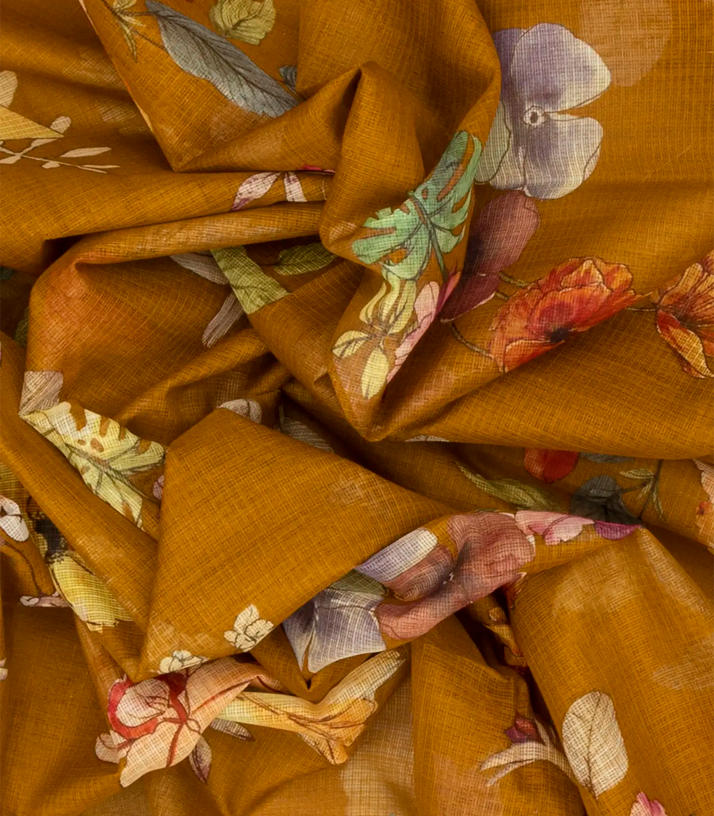 Oil Mustard Woven Kota Silk Saree With Printed Floral Motifs-OIL MUSTARD