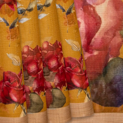 Oil Mustard Woven Kota Silk Saree With Printed Floral Motif-OIL MUSTARD