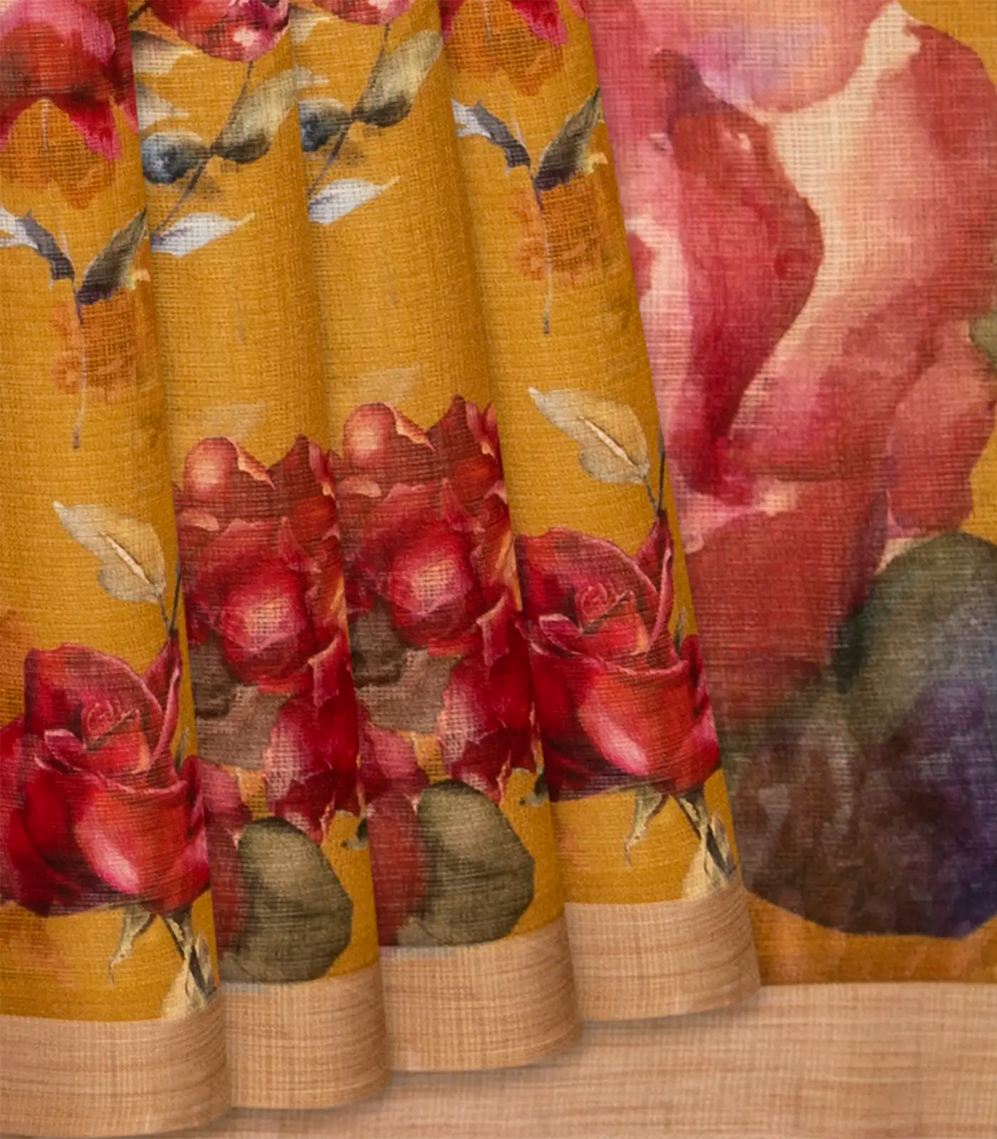 Oil Mustard Woven Kota Silk Saree With Printed Floral Motif-OIL MUSTARD