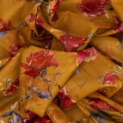 Oil Mustard Woven Kota Silk Saree With Printed Floral Motif-OIL MUSTARD