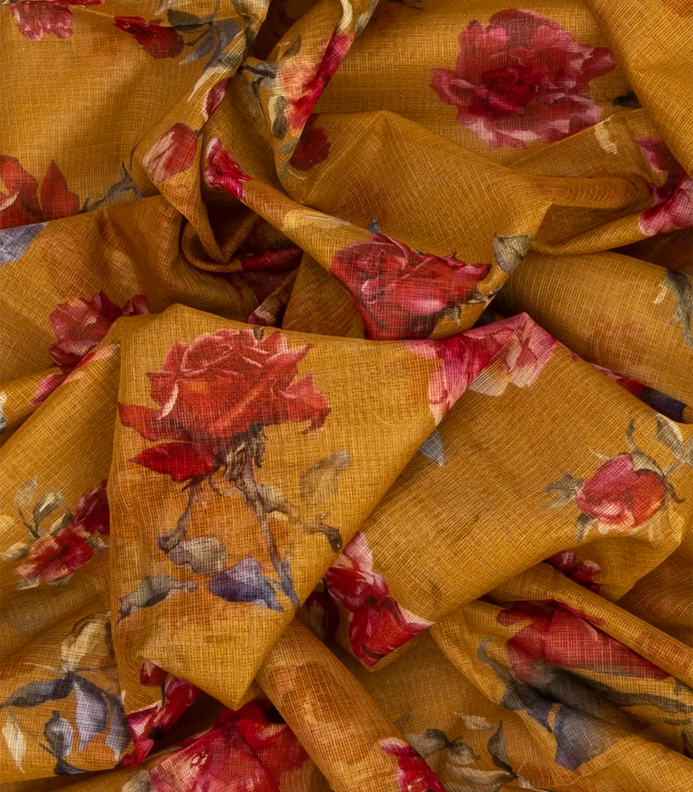 Oil Mustard Woven Kota Silk Saree With Printed Floral Motif-OIL MUSTARD