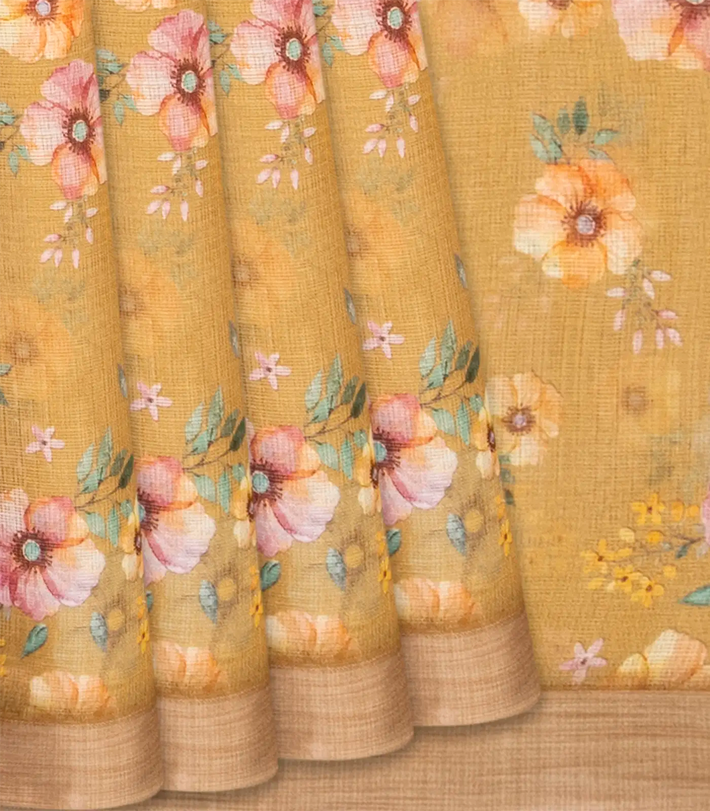 Sandal Woven Kota Silk Saree With Printed Floral Motifs-Sandal