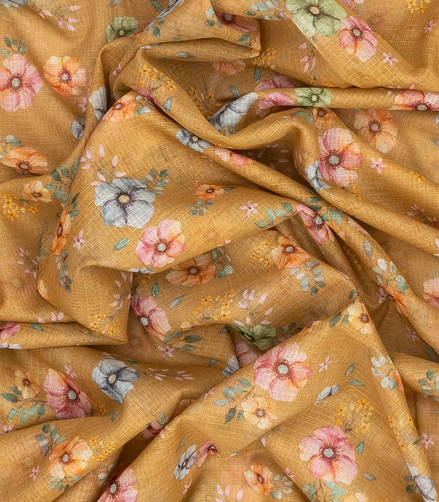 Sandal Woven Kota Silk Saree With Printed Floral Motifs-Sandal