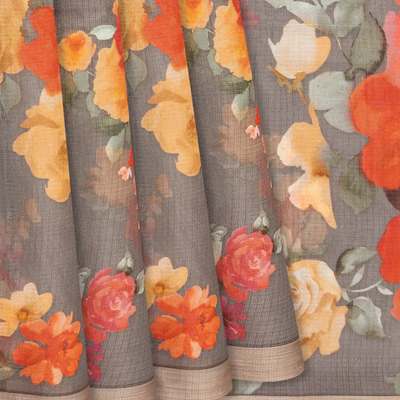 Grey Woven Kota Silk Saree With Printed Floral Motif-Grey