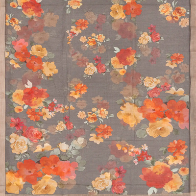 Grey Woven Kota Silk Saree With Printed Floral Motif-Grey