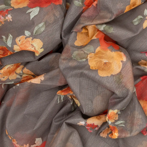 Grey Woven Kota Silk Saree With Printed Floral Motif-Grey