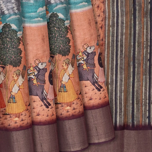 Grey Blended Dupion Saree Printed With Cow Motifs-Grey