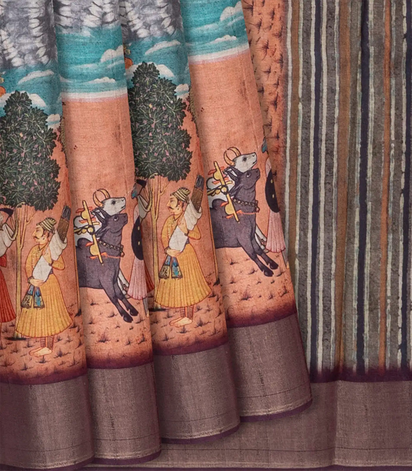 Grey Blended Dupion Saree Printed With Cow Motifs-Grey