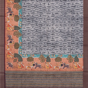 Grey Blended Dupion Saree Printed With Cow Motifs-Grey