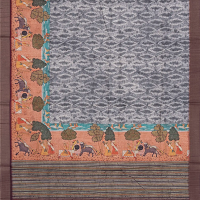 Grey Blended Dupion Saree Printed With Cow Motifs-Grey