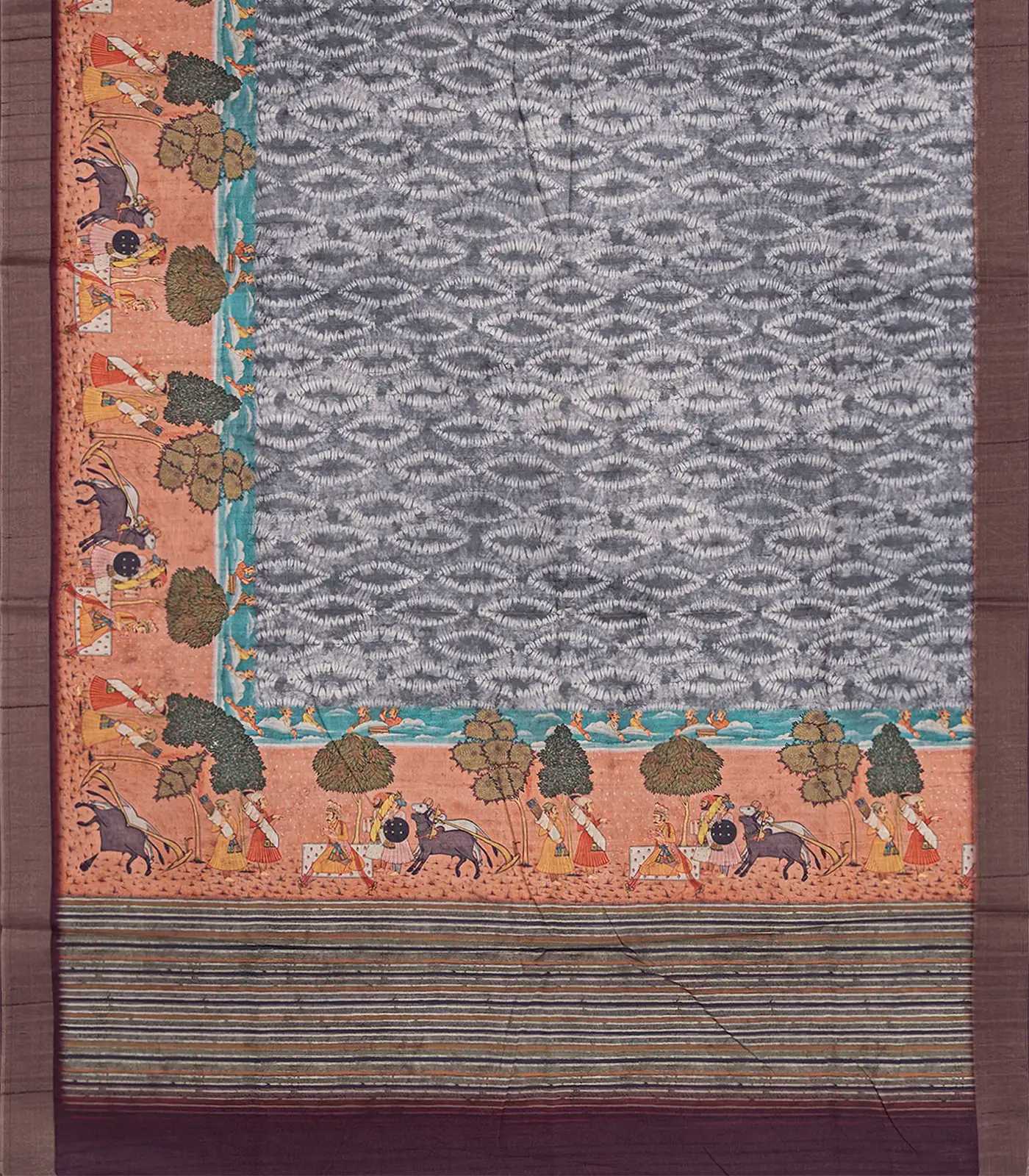 Grey Blended Dupion Saree Printed With Cow Motifs-Grey