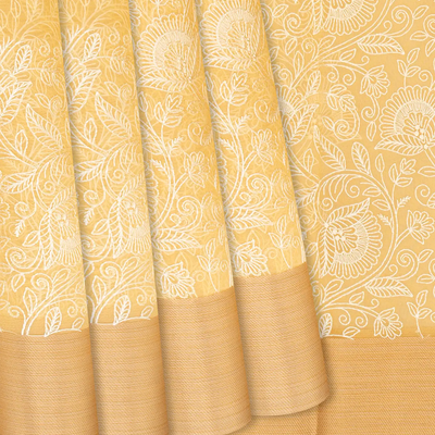 Sandal Woven Kora Saree With Embroidered Floral Motifs-Sandal