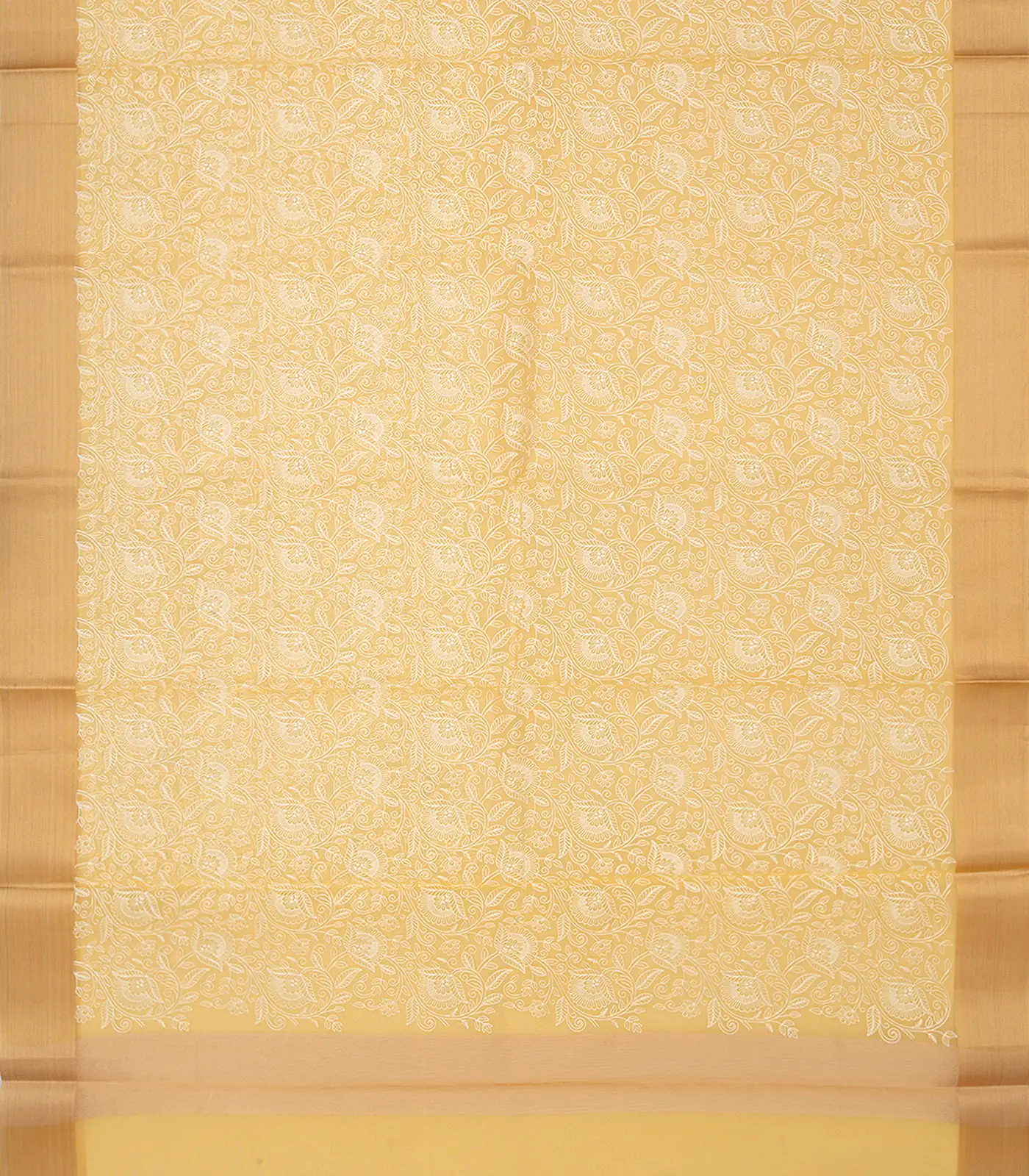 Sandal Woven Kora Saree With Embroidered Floral Motifs-Sandal