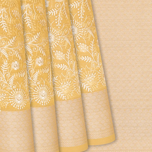 Yellow Woven Kora Saree With Embroidered Floral Motifs-Yellow
