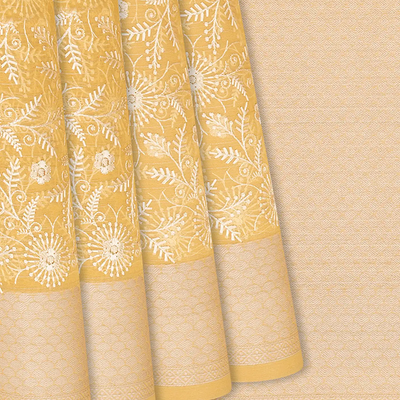 Yellow Woven Kora Saree With Embroidered Floral Motifs-Yellow
