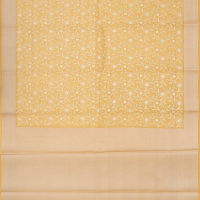 Yellow Woven Kora Saree With Embroidered Floral Motifs-Yellow
