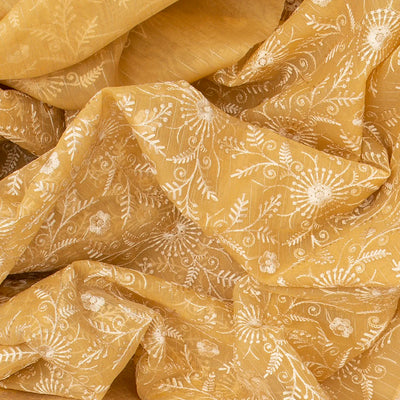 Yellow Woven Kora Saree With Embroidered Floral Motifs-Yellow