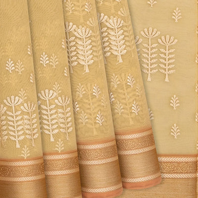 Beige Woven Blended Organza Saree With Floral Motifs-Beige