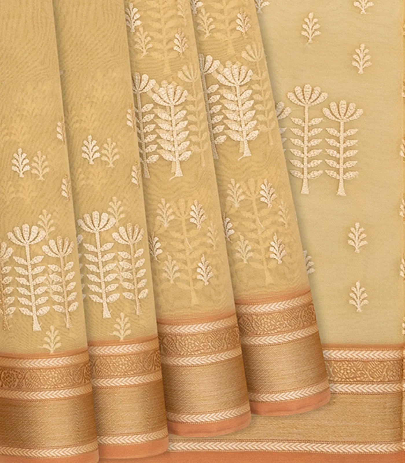 Beige Woven Blended Organza Saree With Floral Motifs-Beige