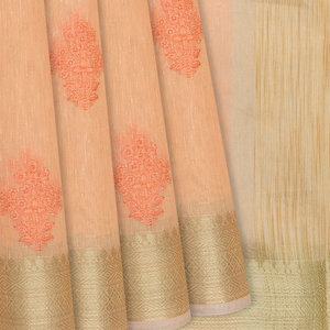Peach Woven Blended Linen Saree With Embroidery Floral Motifs-Peach