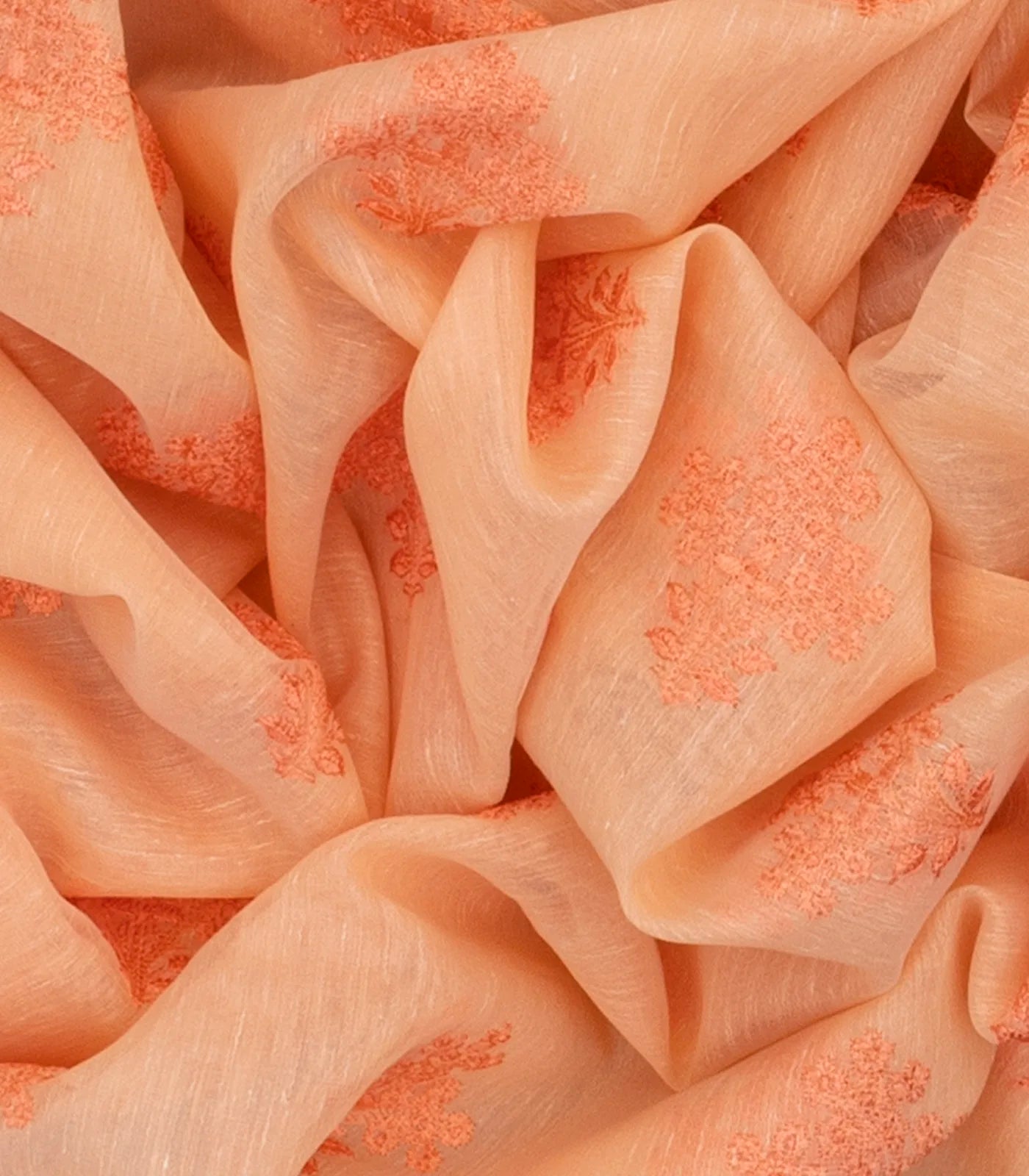 Peach Woven Blended Linen Saree With Embroidery Floral Motifs-Peach