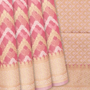 Peach Blended Organza Saree With Floral Chevron Motifs-Peach