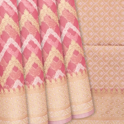 Peach Blended Organza Saree With Floral Chevron Motifs-Peach