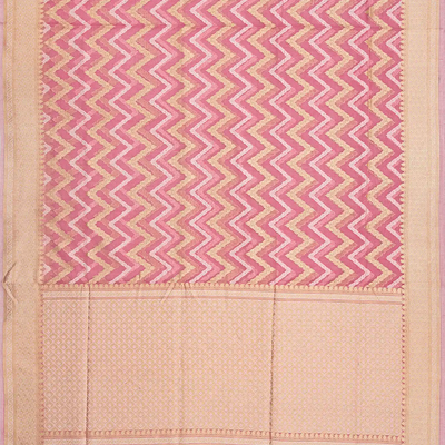 Peach Blended Organza Saree With Floral Chevron Motifs-Peach