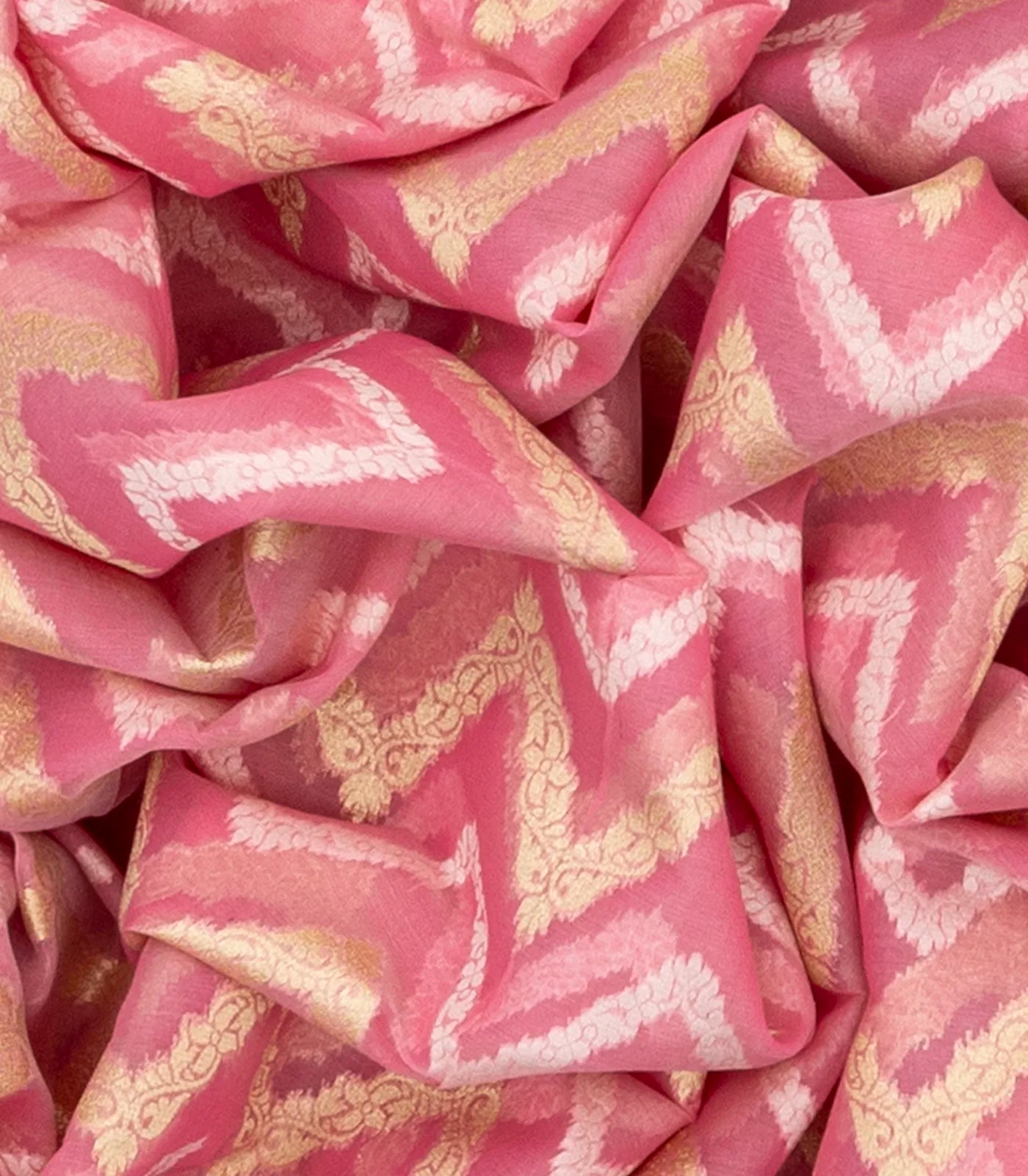 Peach Blended Organza Saree With Floral Chevron Motifs-Peach