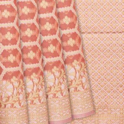 Peach Blended Banarasi Cotton Saree With Floral Jaal Motifs-Peach