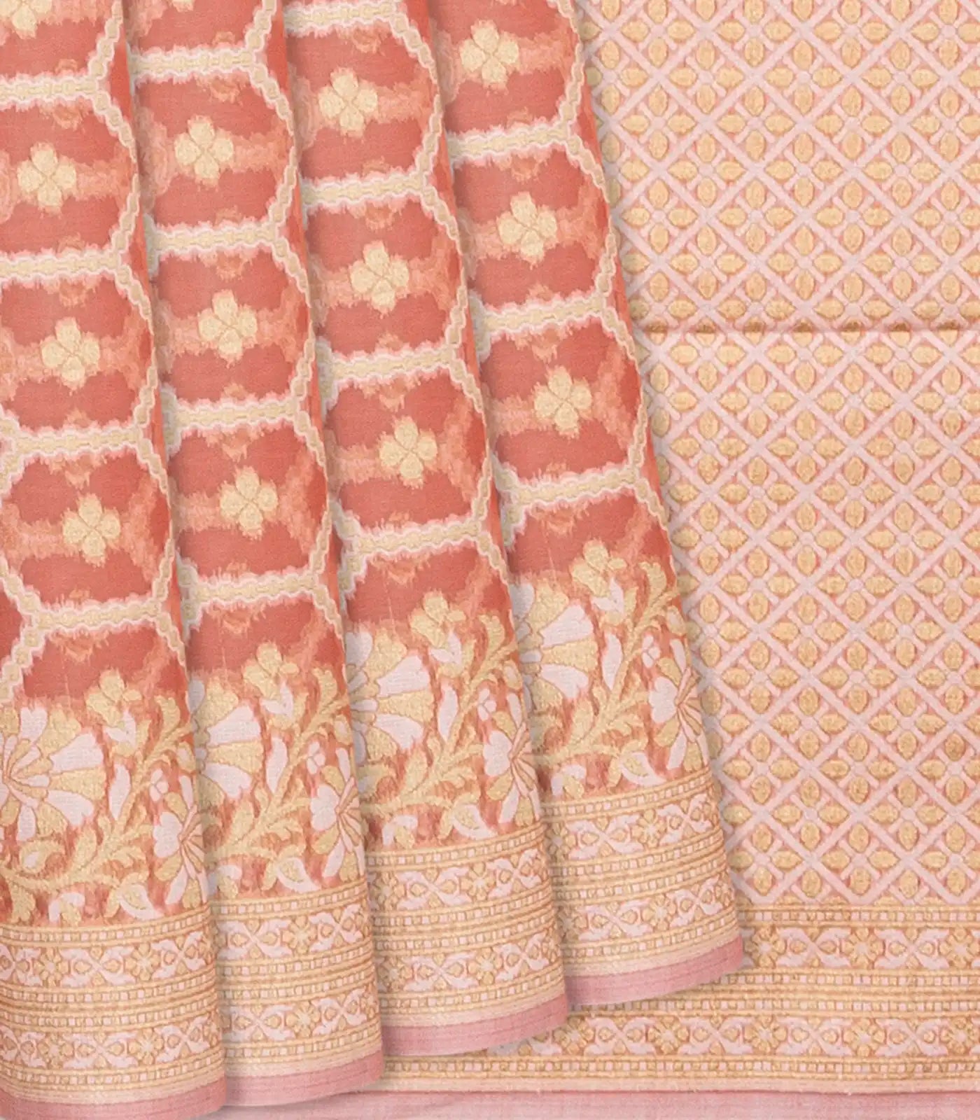 Peach Blended Banarasi Cotton Saree With Floral Jaal Motifs-Peach