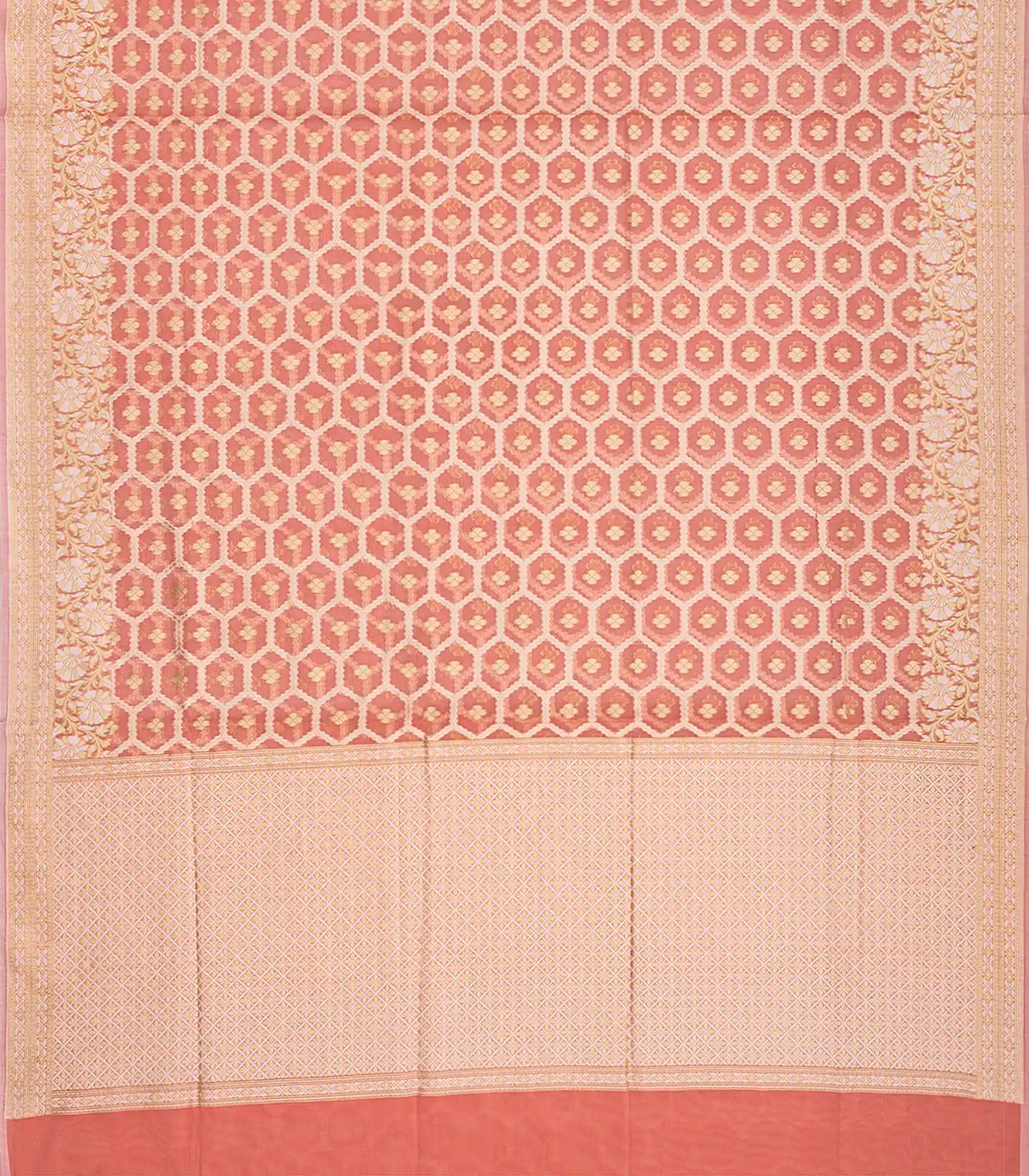 Peach Blended Banarasi Cotton Saree With Floral Jaal Motifs-Peach