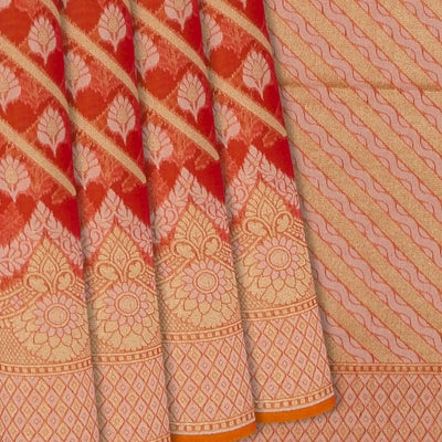 Dark Peach Blended Banarasi Cotton Saree With Floral Motifs-Dark Peach