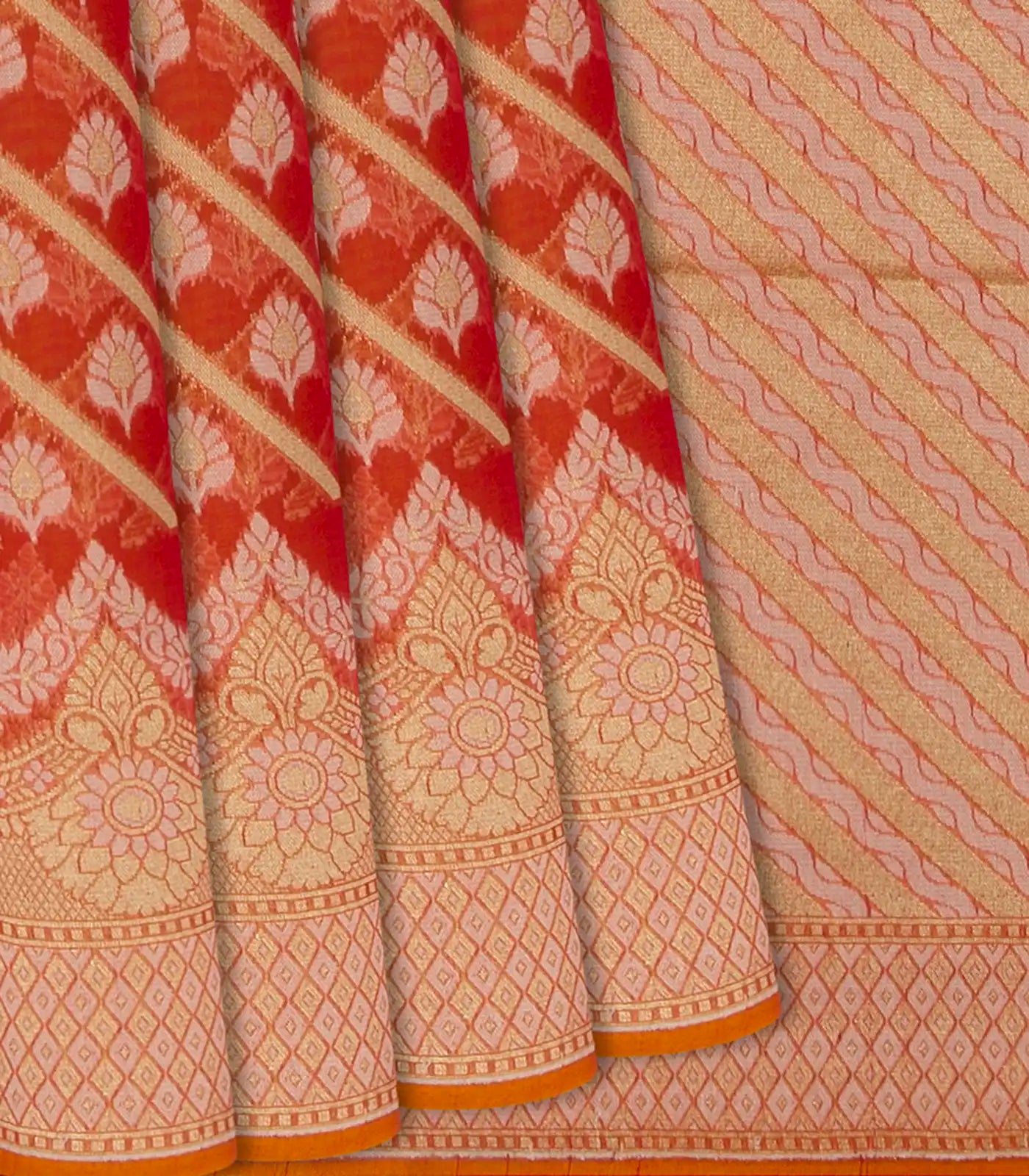 Dark Peach Blended Banarasi Cotton Saree With Floral Motifs-Dark Peach