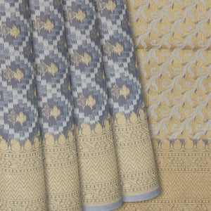 Grey Blended Banarasi Cotton Saree With Mango Motifs-Grey