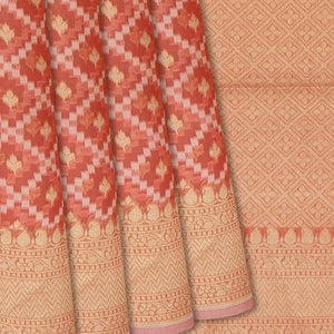 Peach Blended Banarasi Cotton Saree With Floral Motifs-Peach