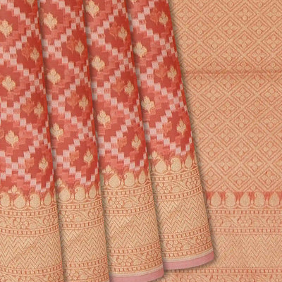 Peach Blended Banarasi Cotton Saree With Floral Motifs-Peach