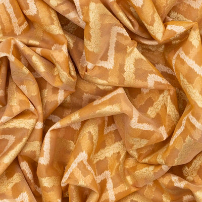 Light Peach Blended Banarasi Cotton Saree With Floral Chevron Motifs-Light Peach