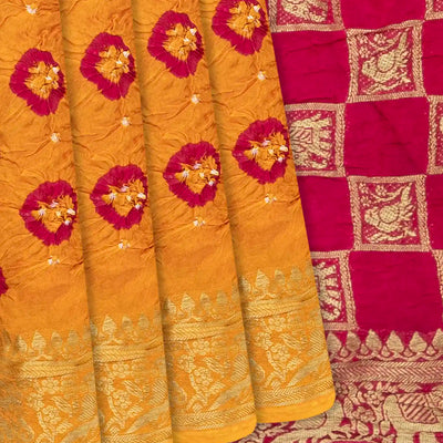 Mustard Woven Blended Bandhej Saree With Animal Motifs-Mustard