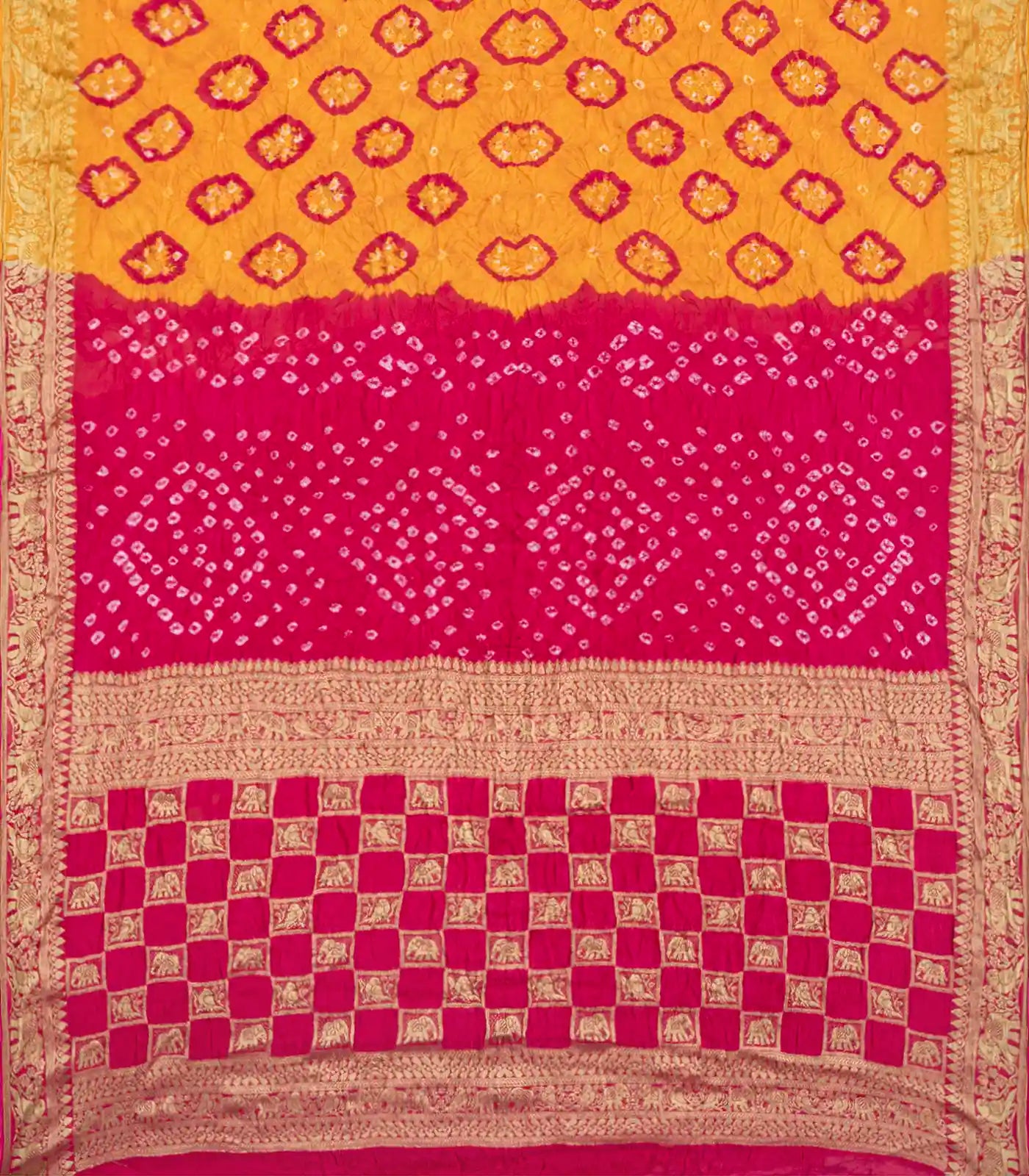 Mustard Woven Blended Bandhej Saree With Animal Motifs-Mustard