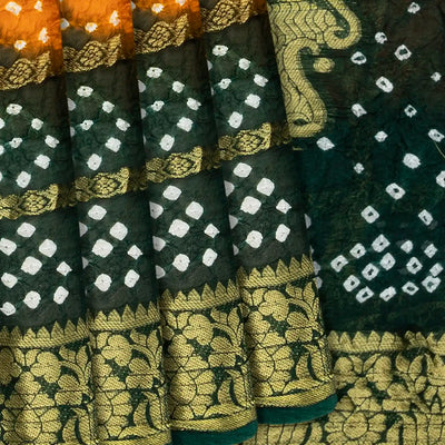 Yellow Woven Blended Bandhej Saree With Checks-Yellow