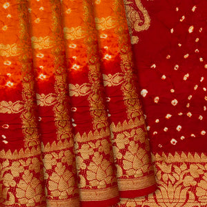Orange & Crimson Woven Blended Bandhej Saree With Checks-Orange