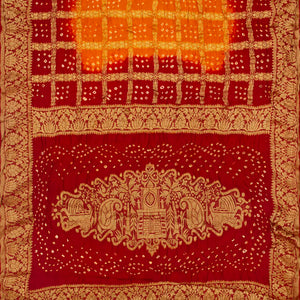 Orange & Crimson Woven Blended Bandhej Saree With Checks-Orange