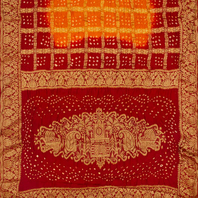Orange & Crimson Woven Blended Bandhej Saree With Checks-Orange