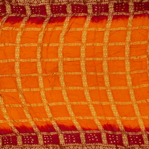 Orange & Crimson Woven Blended Bandhej Saree With Checks-Orange