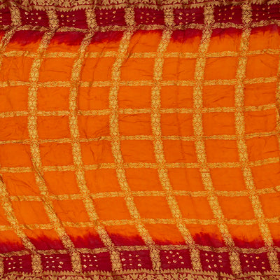 Orange & Crimson Woven Blended Bandhej Saree With Checks-Orange