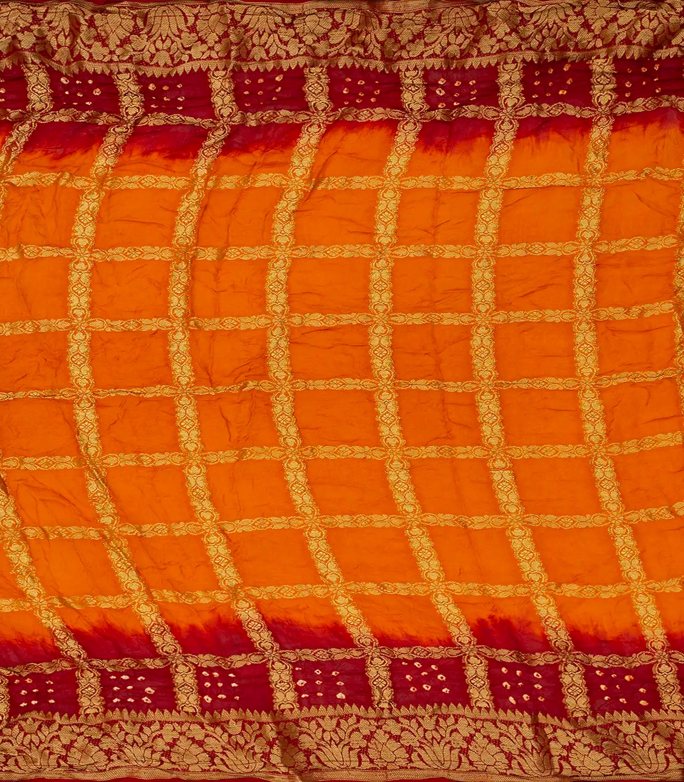 Orange & Crimson Woven Blended Bandhej Saree With Checks-Orange